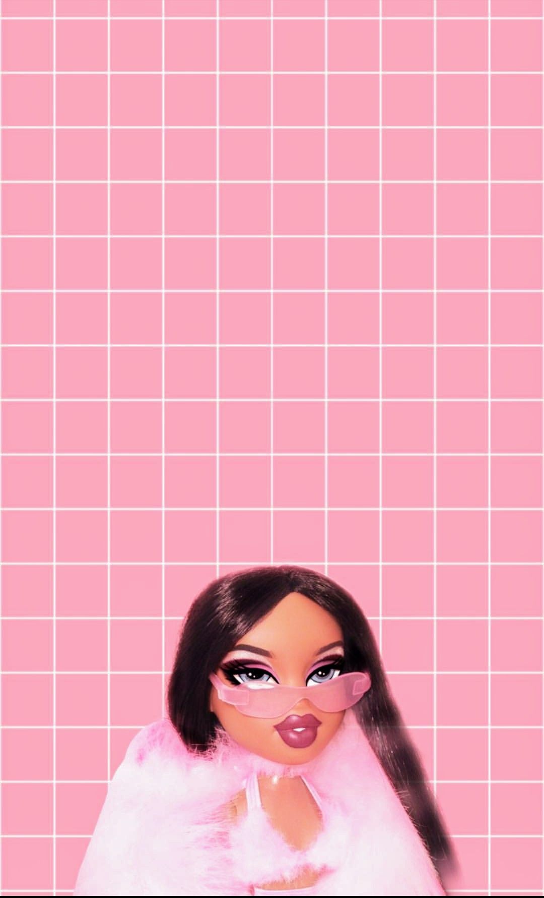A girl with pink hair and glasses on her face - Bratz, pink, grid