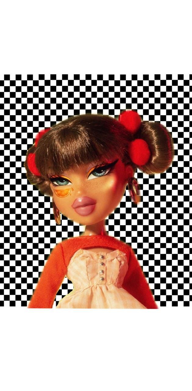 IPhone wallpaper of a Bratz doll in front of a black and white checkered background - Bratz