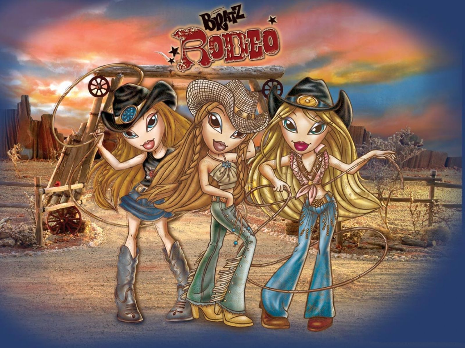 The three girls are standing in front of a cowboy - Bratz