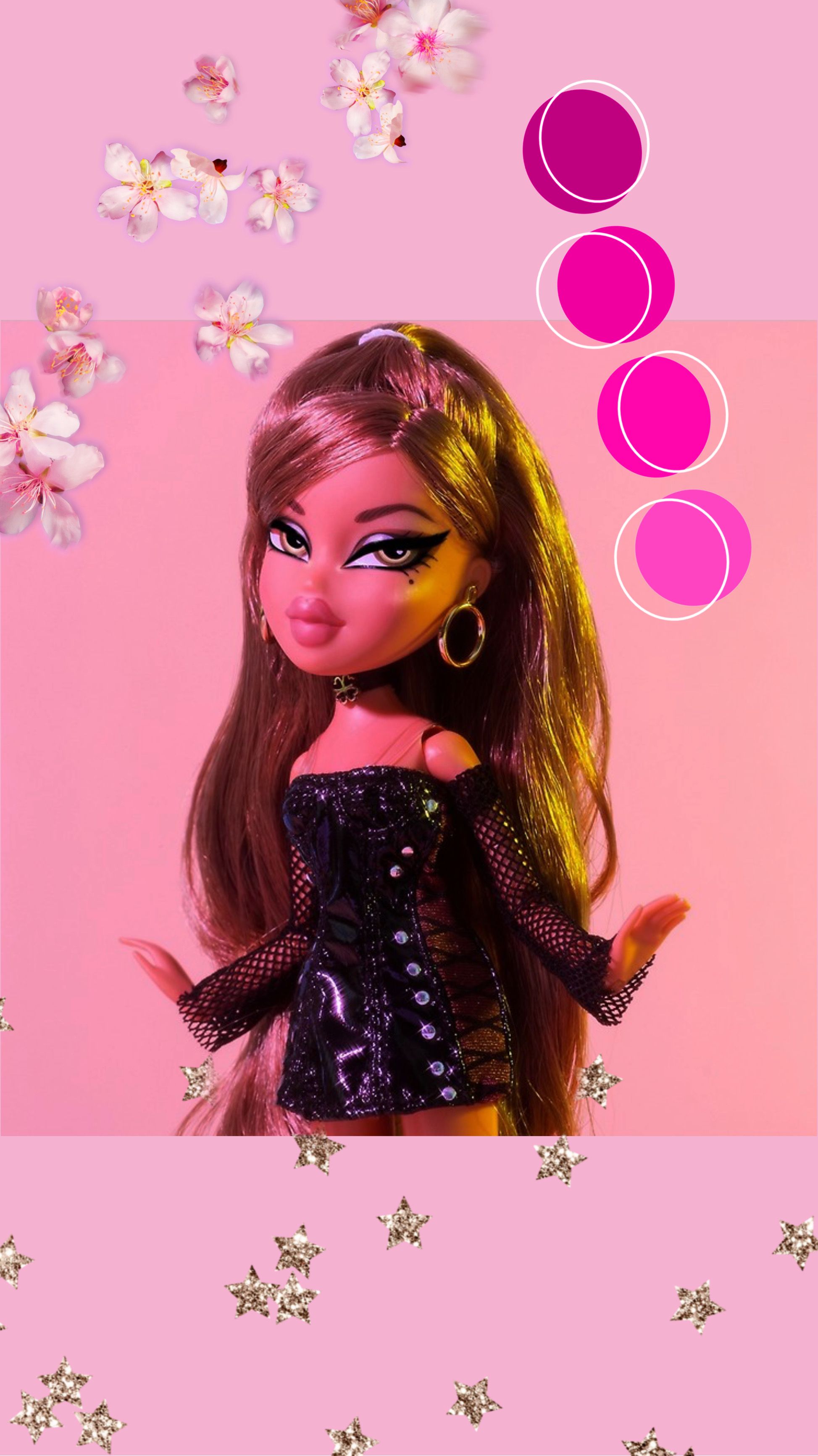 Aesthetic wallpaper for phone of a Bratz doll with flowers and sparkles - Bratz