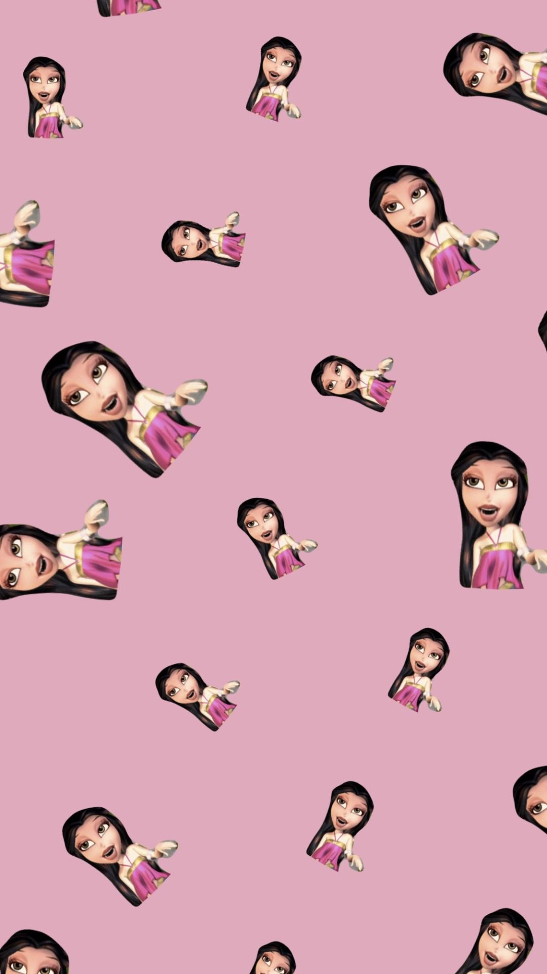 A pattern of many different faces on pink background - Bratz