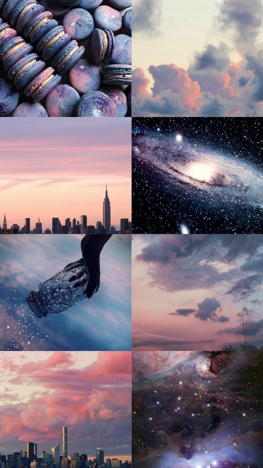 Collage of four different pictures, including a city skyline, a galaxy, a sunset, and a plate of macaroons - Galaxy