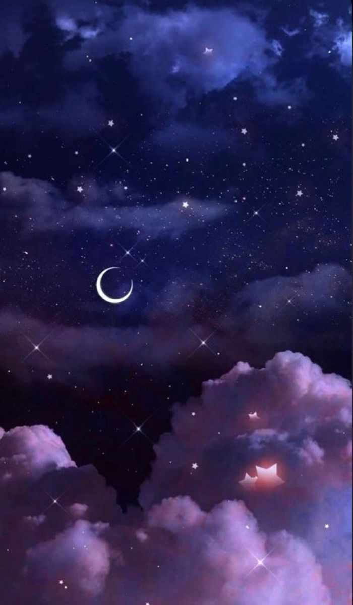 Moon and stars in the sky, aesthetic backgrounds, pink clouds in the foreground - Galaxy