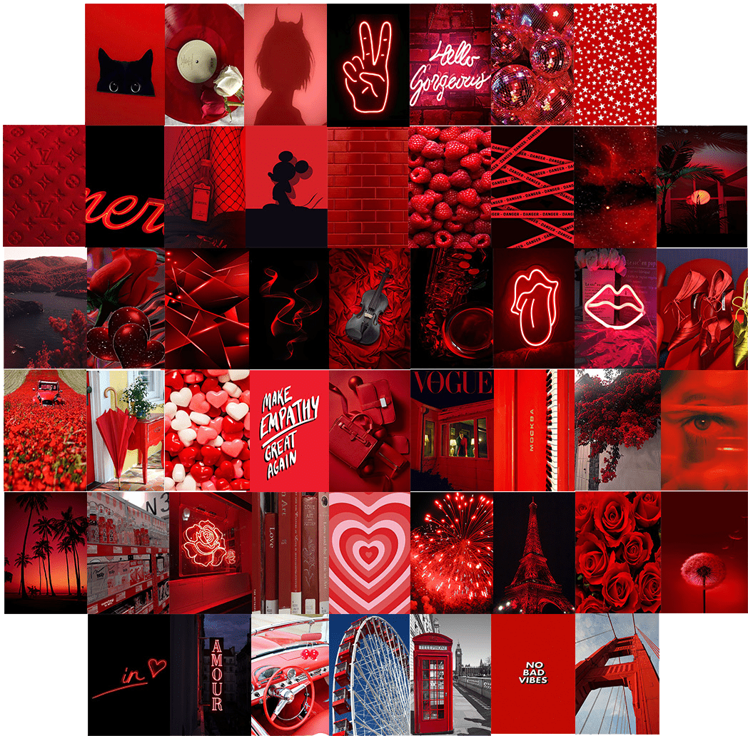 50pcs Red Theme Neon Aesthetic Picture Wall Stickers Collage Kits Flowers Raspberry Photo Collection For Girl Bedroom Decor