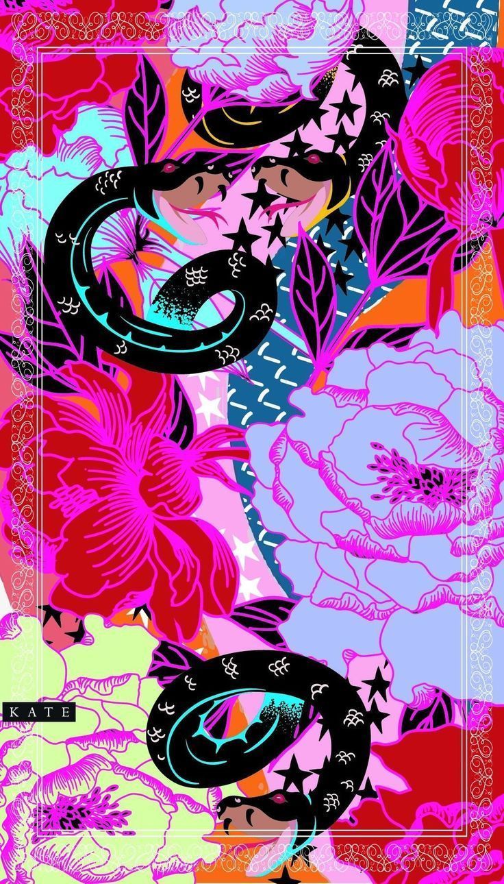 A colorful flower pattern with snakes and flowers - Trippy