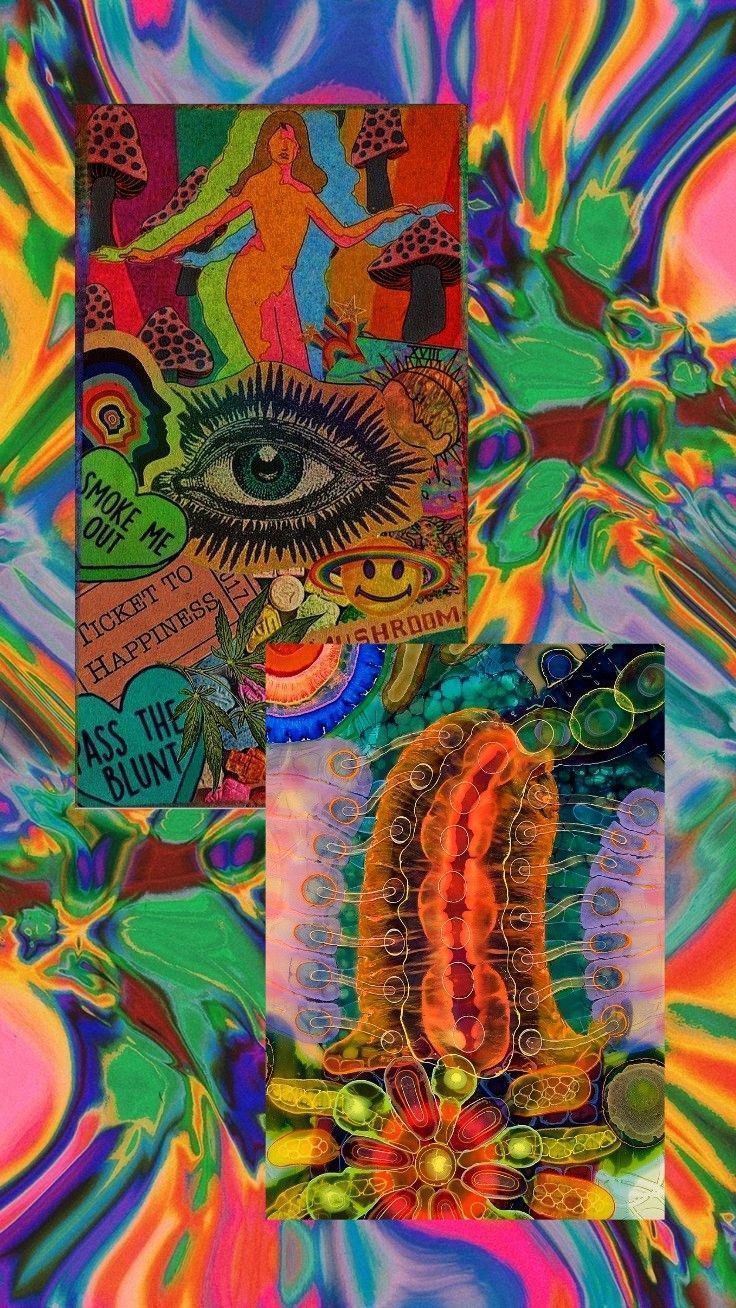 A colorful collage of art including an eye, a woman, and a cactus. - Trippy, psychedelic