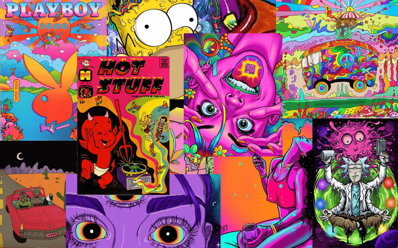 A collage of colorful images including a playboy bunny, a hot stuff magazine cover, a rick and morty image, and a pink tentacle monster. - Trippy, psychedelic