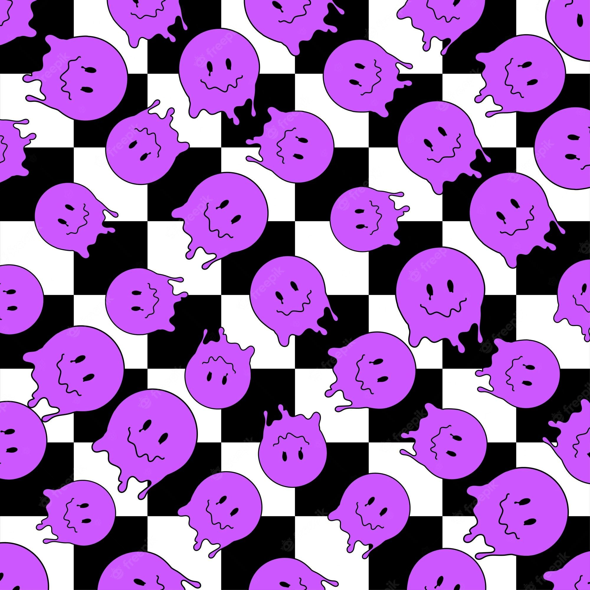 A repeating pattern of purple smiley faces with dripping cheeks on a black and white checkered background - Y2K, trippy