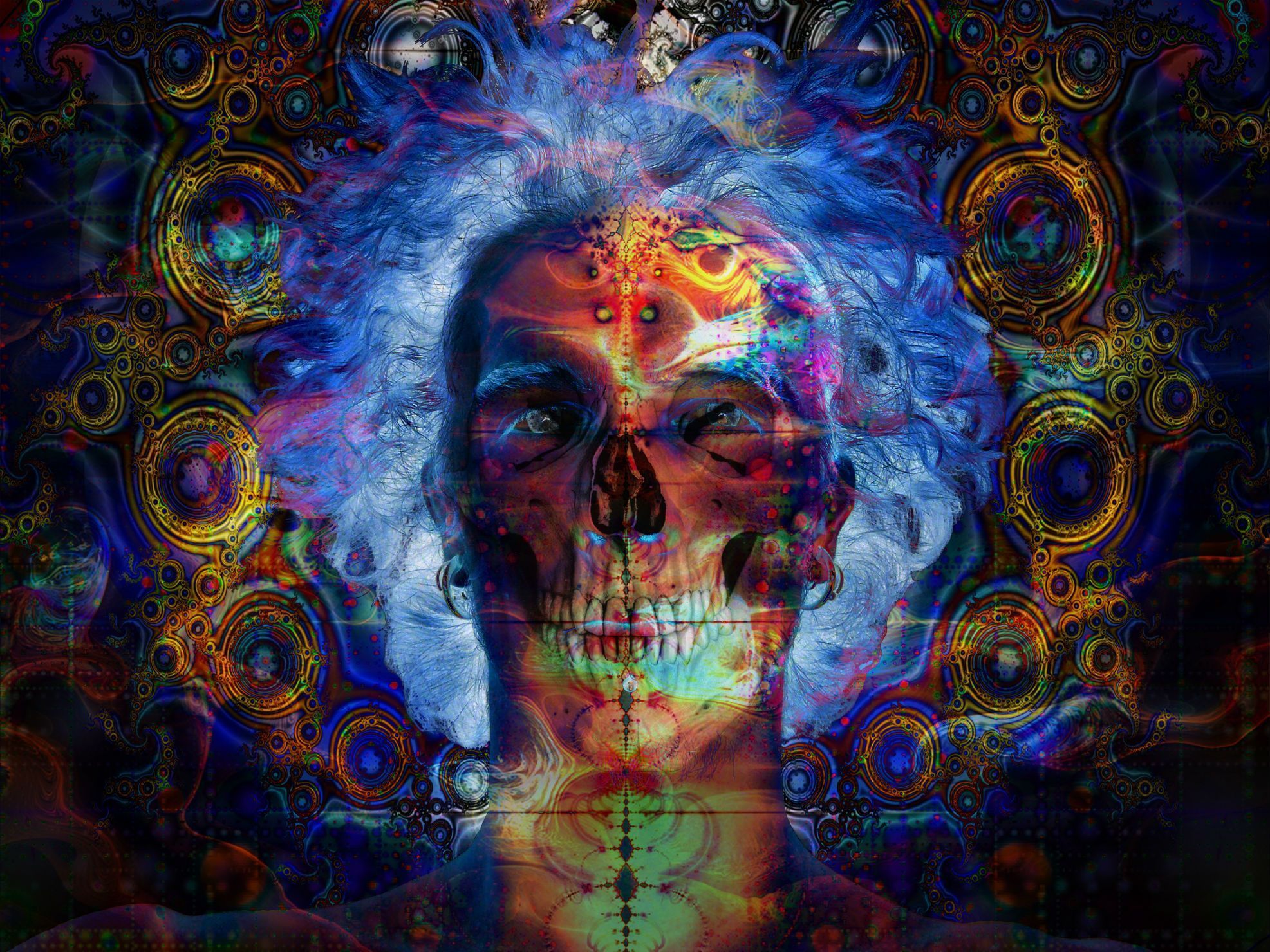 A digital artwork of an image with blue hair and colorful patterns - Trippy, psychedelic