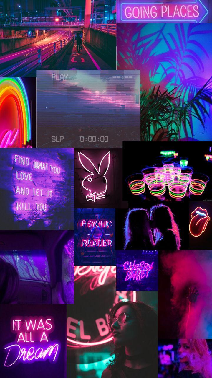 A collection of neon signs and pictures - Trippy