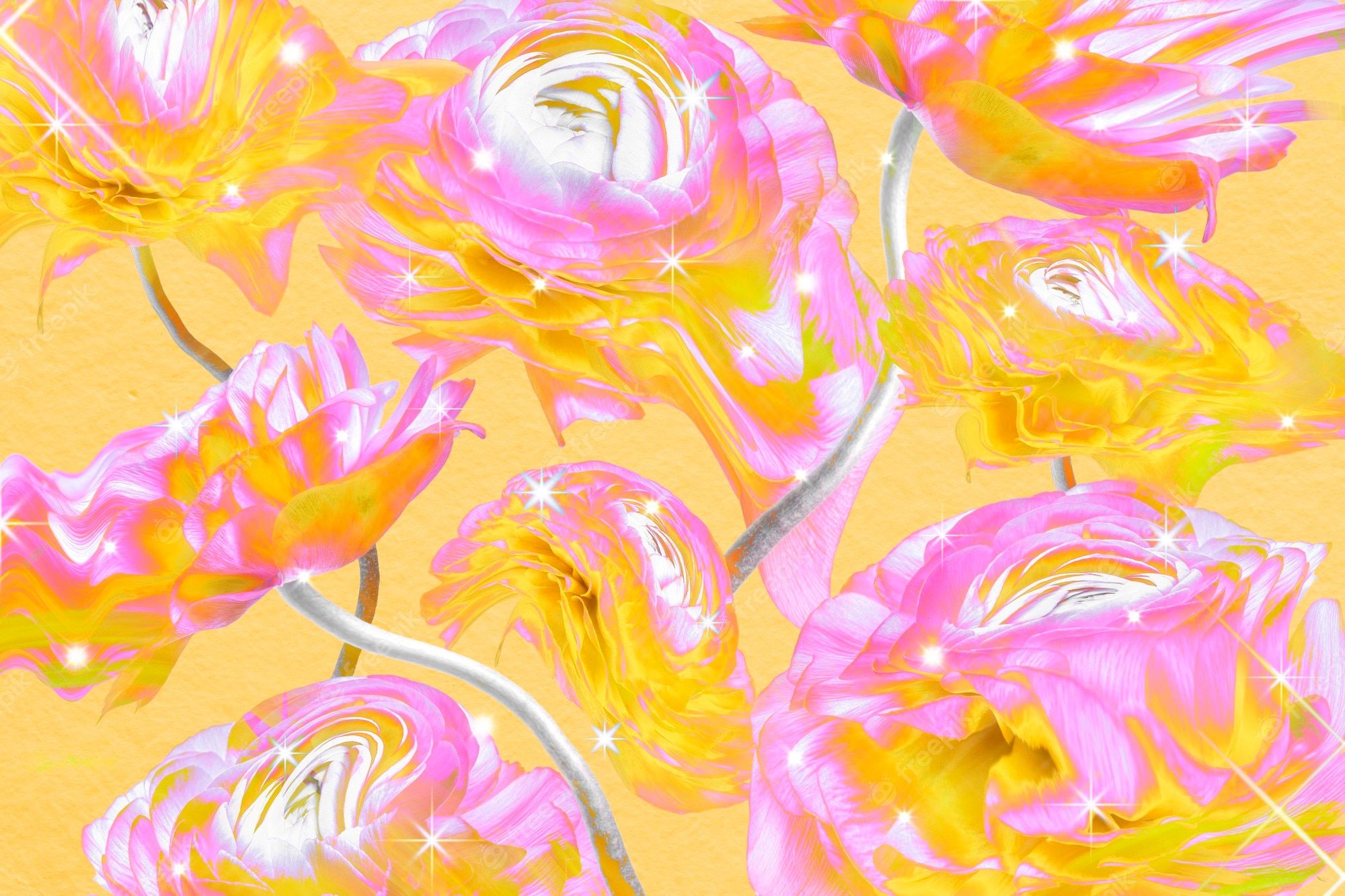 An abstract image of pink and yellow flowers on an orange background - Trippy