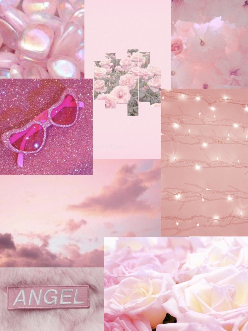Aesthetic background collage with pink roses, pink glasses, and the word 