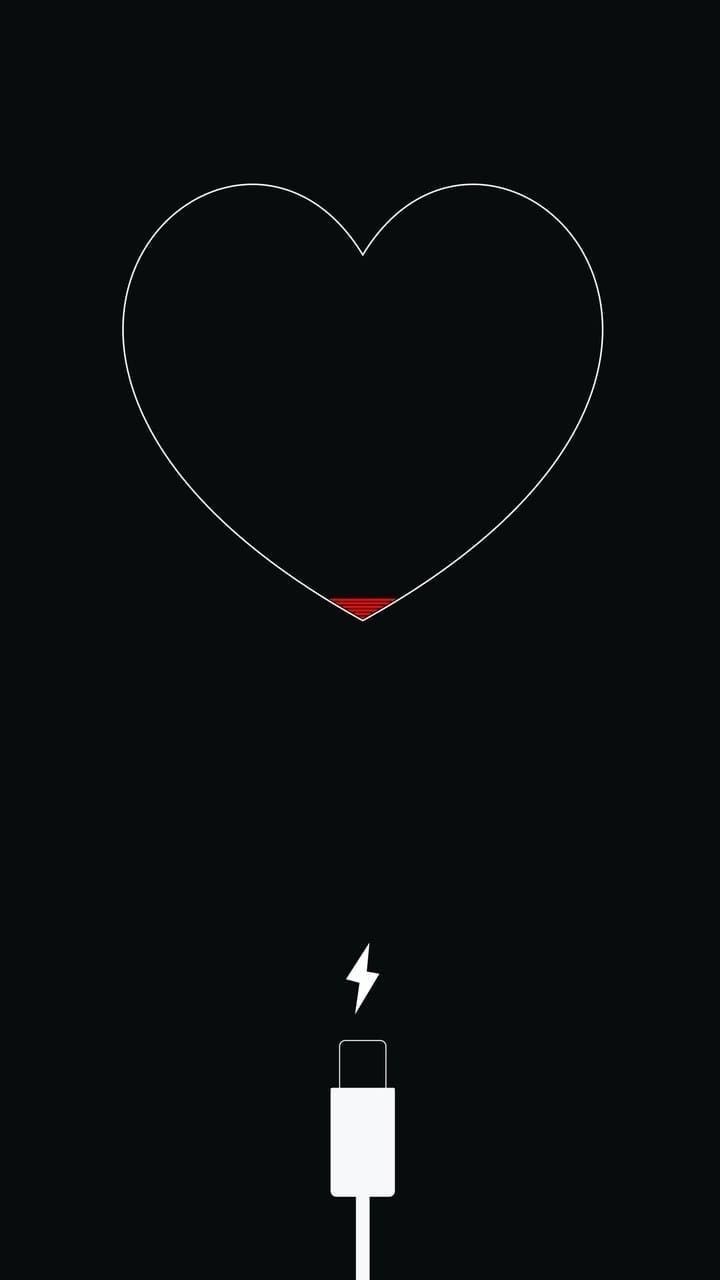 A heart is depicted with a low battery sign, and a charging cable is shown connecting to it. - Heart, black heart
