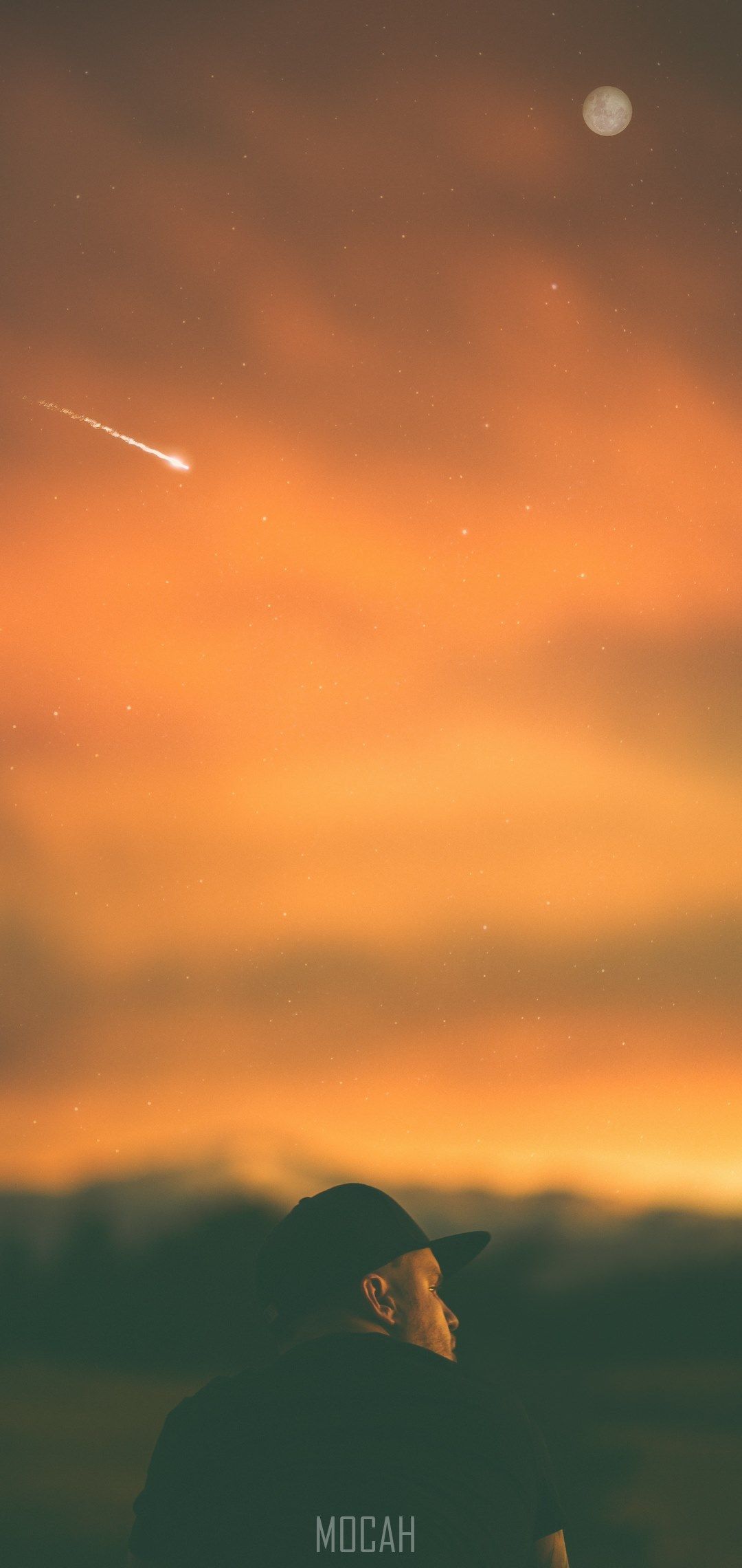 man sits beneath an orange sky where a meteor streaks and a full moon rises, man moon meteor at dusk, Flipkart Billion Capture+ wallpaper hd, 1080x1920 Gallery HD Wallpaper