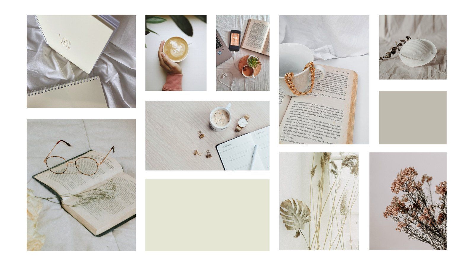A mood board featuring a variety of items such as books, glasses, plants, and coffee. - Laptop, clean, paper, iMac, neutral, collage, pink collage, cute white, light brown, warm, cream, study, gray, computer, boho, beige