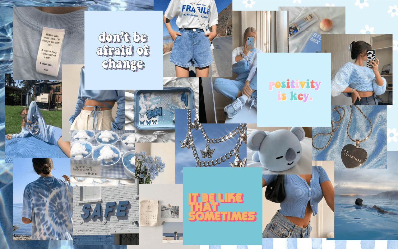 A collage of pictures with different themes - Laptop, blue, positivity