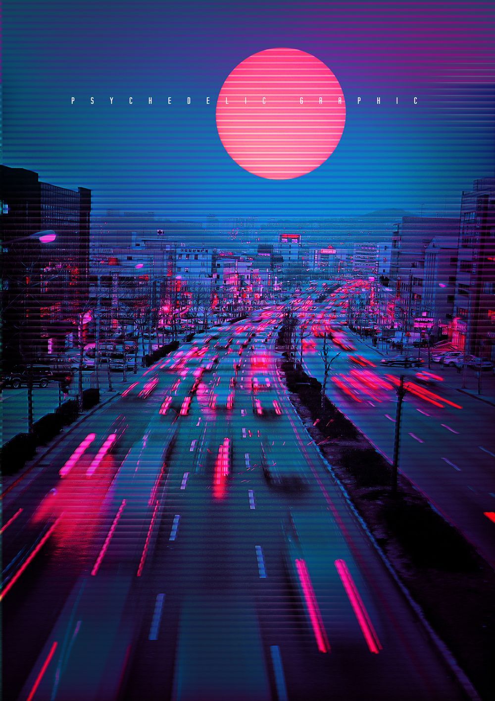 A city street at night with a large pink and blue moon in the sky - Cyberpunk