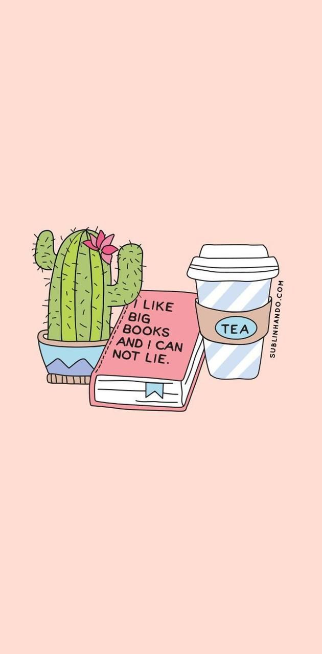 A cute illustration of a cactus, a book, and a cup of tea on a pink background. - Cactus