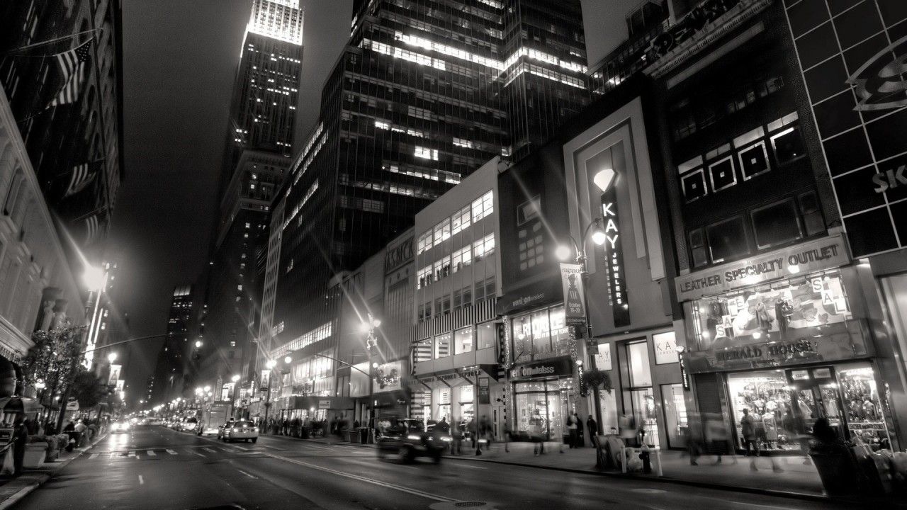 Black And White Picture Of Road Between Lighting Buildings HD Black Aesthetic Wallpaper