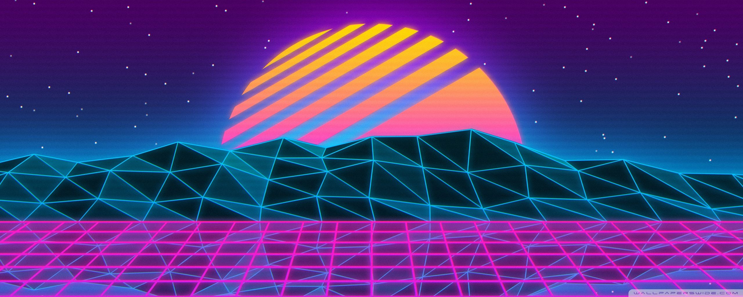 A retro style image with mountains and neon colors - Vaporwave