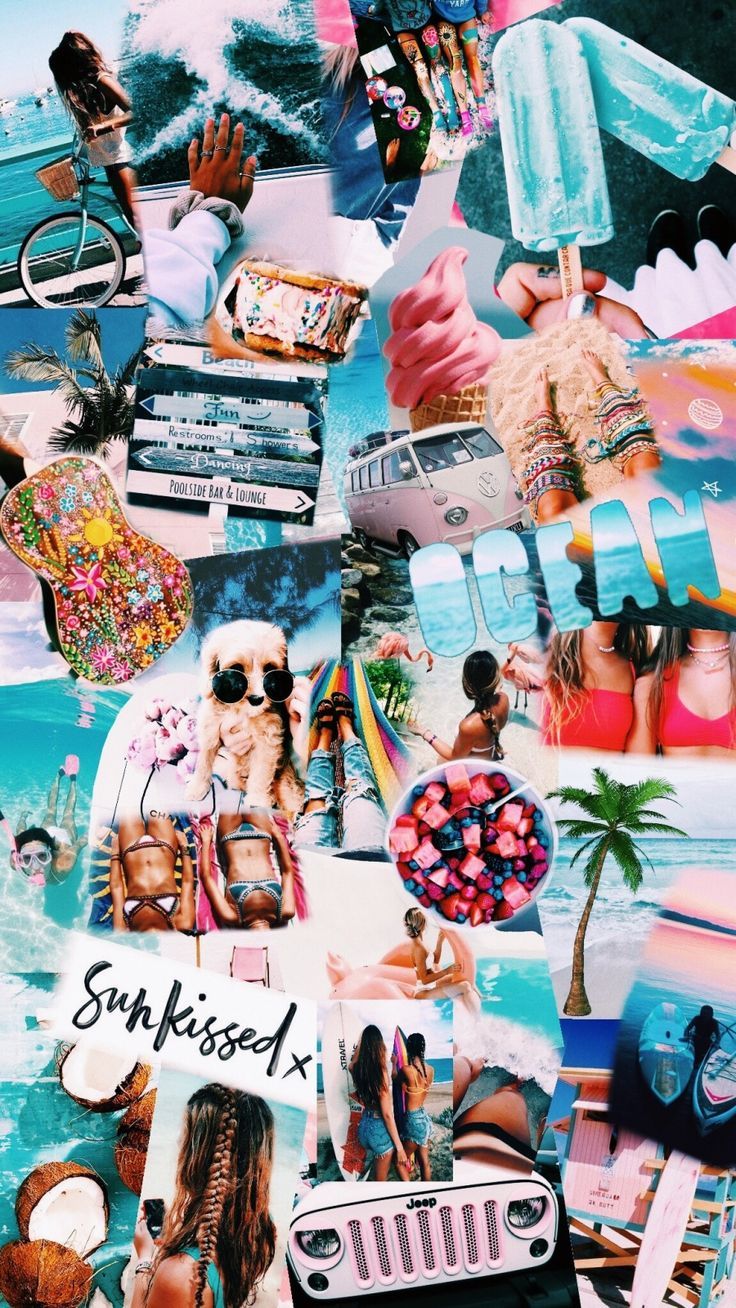 A collage of pictures with the words beach and friends - VSCO