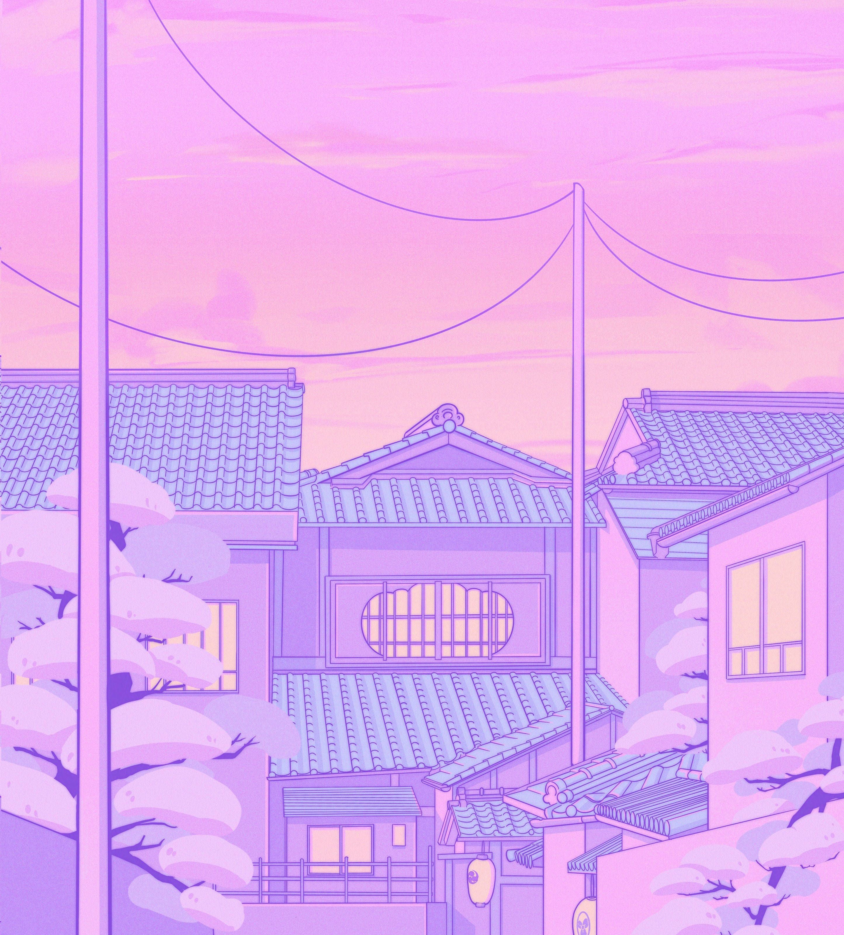 Aesthetic background of a Japanese town with traditional houses - Pastel