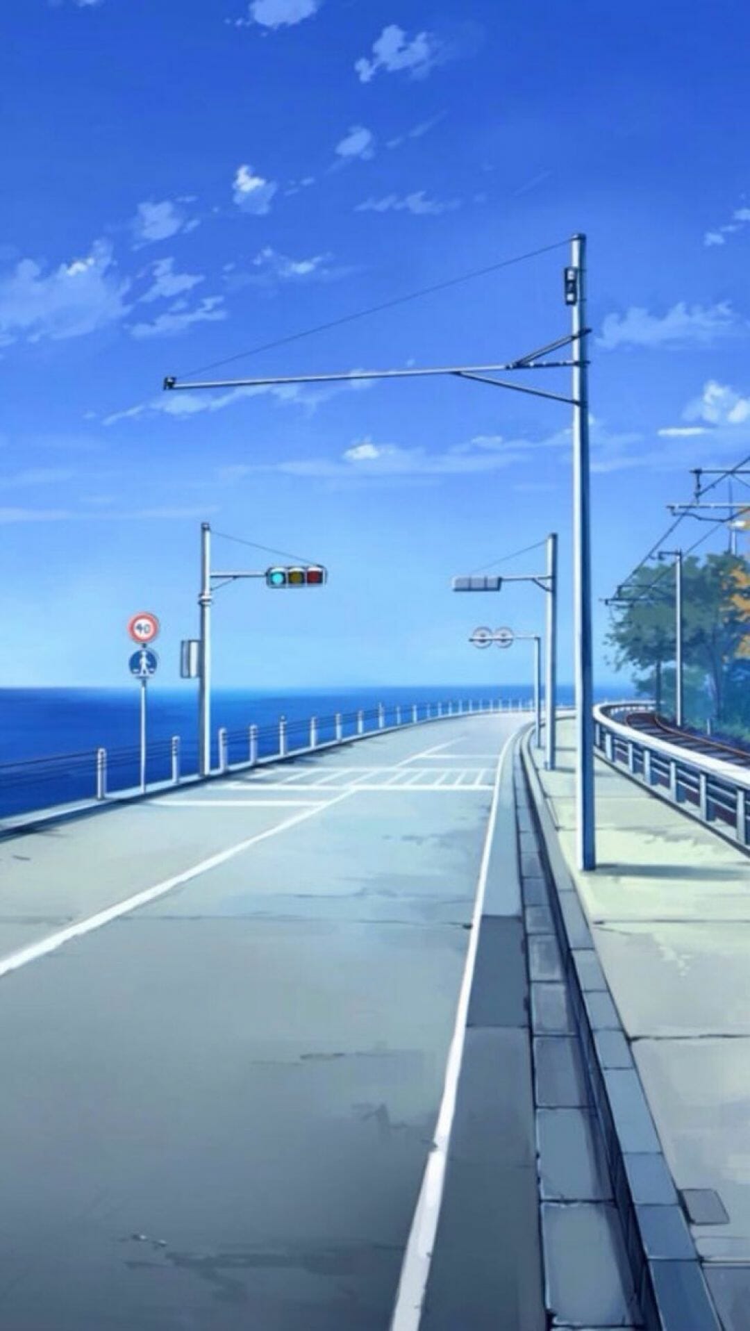 Anime phone wallpaper of a road with a traffic light - Anime, blue anime, 90s anime, anime landscape, road
