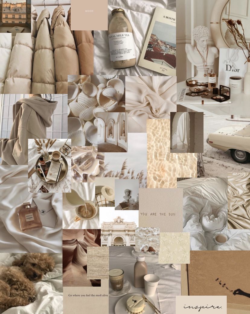 A collage of photos in a neutral color palette including white, beige, brown, and tan. - Collage, beige