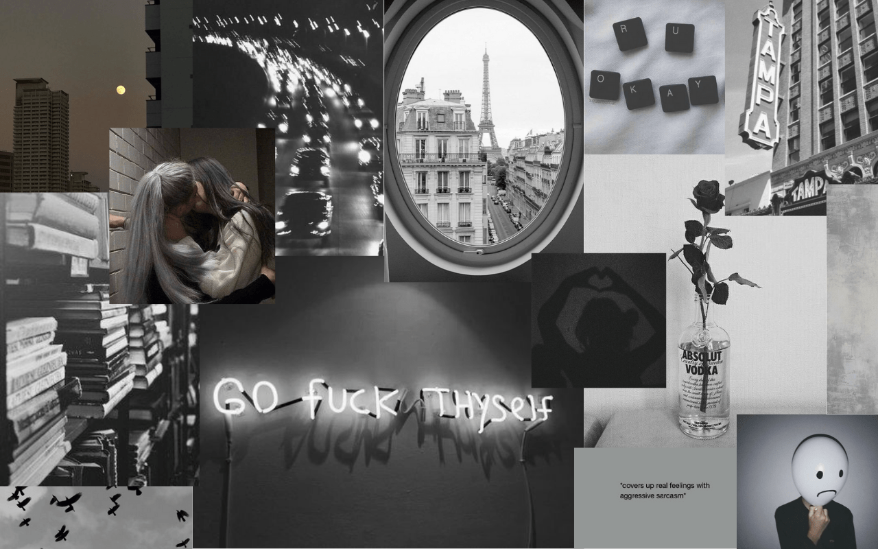 A collage of black and white photos, including a neon sign that says 