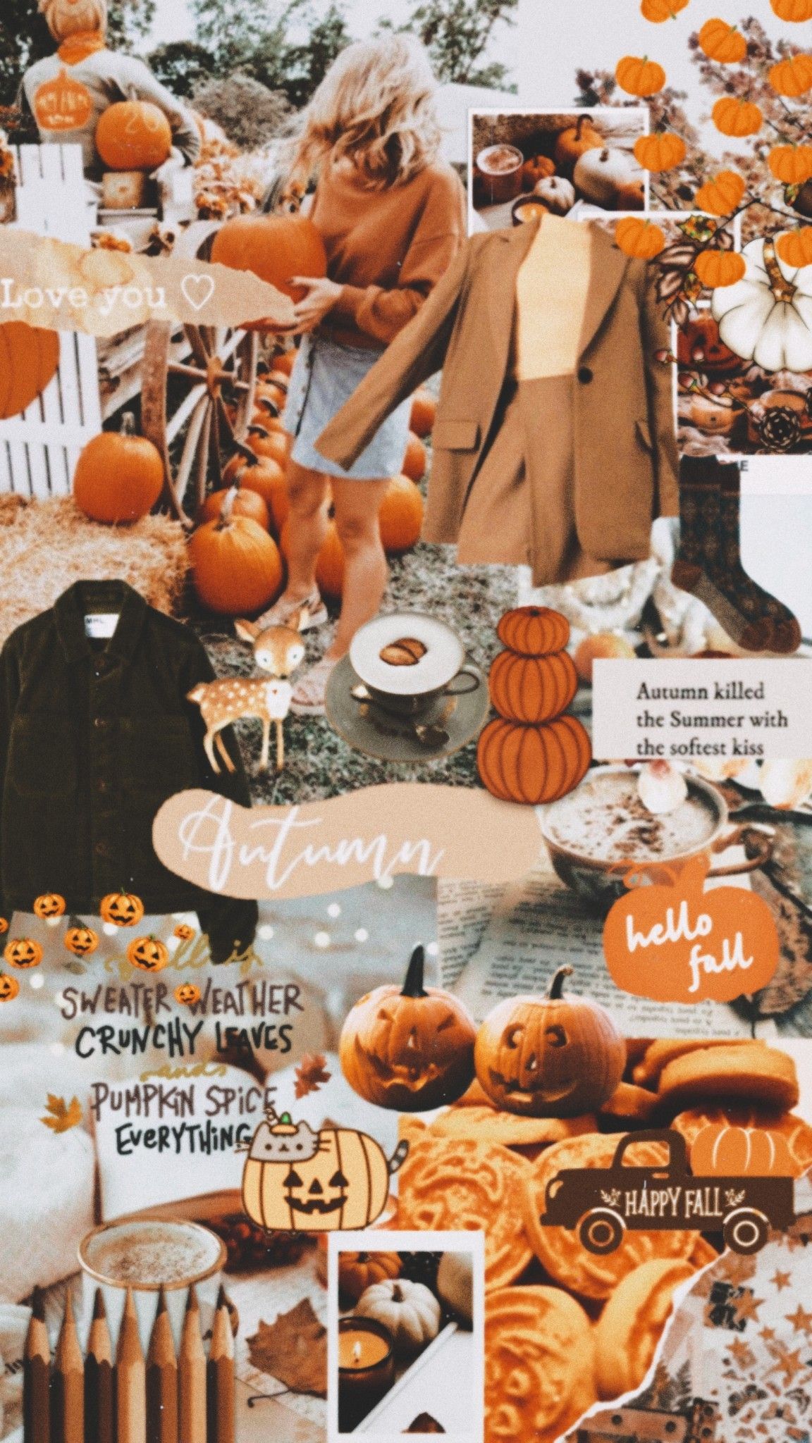 An autumn themed collage with pumpkins, leaves, and a cup of coffee. - Pumpkin, Halloween, cute fall