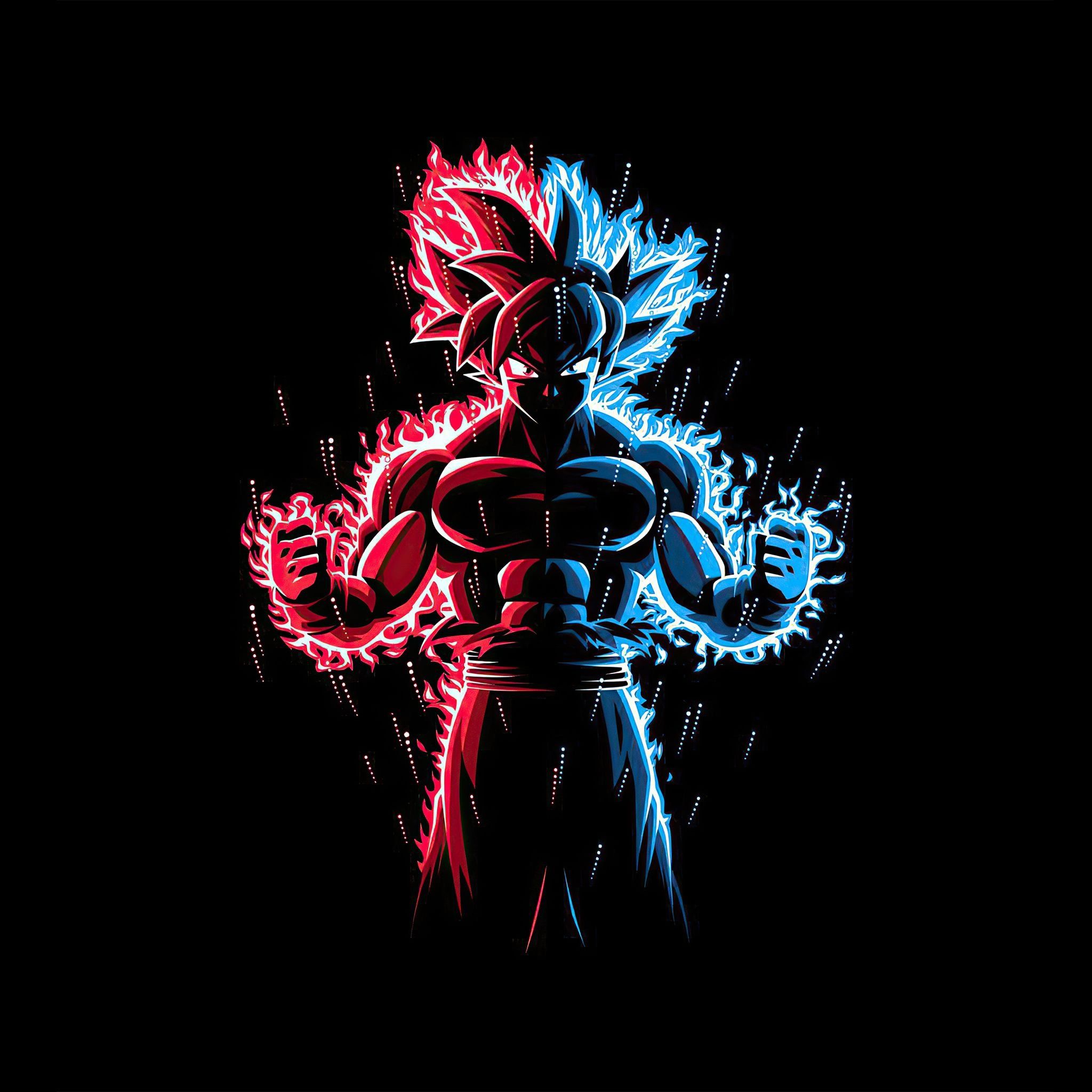 A black background with a silhouette of Vegeta from Dragon Ball Z with a red and blue aura surrounding him. - Goku