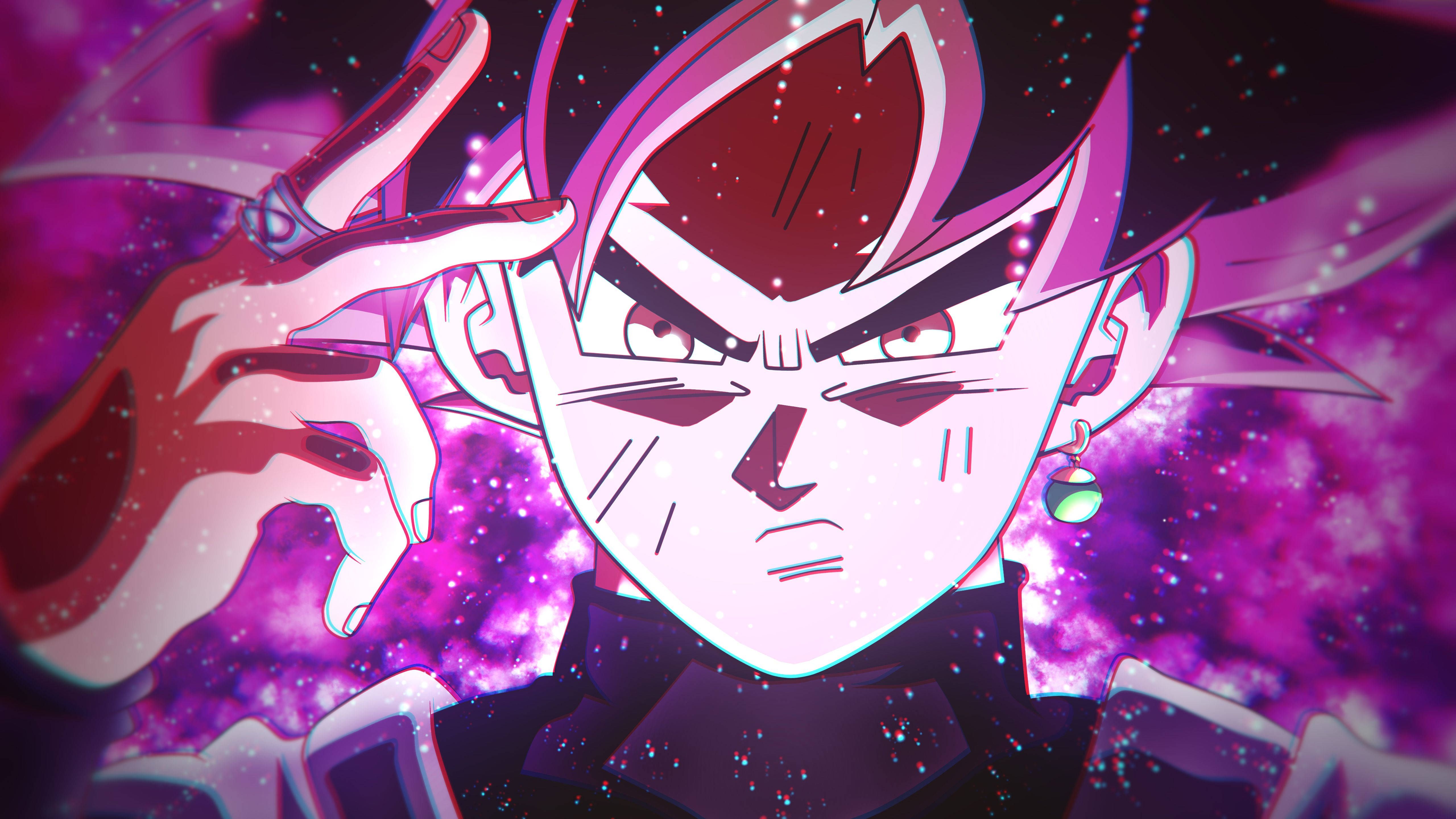 A close up of an animated character with purple hair - Goku