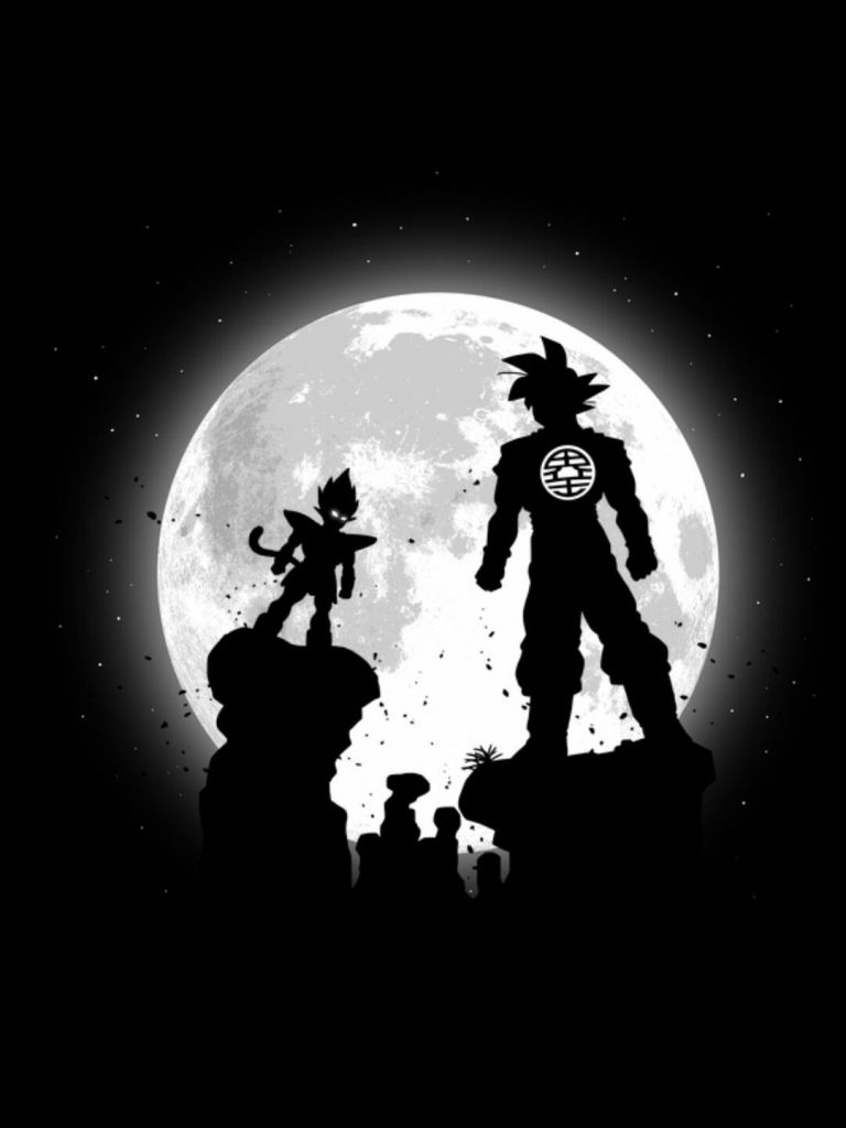 The silhouette of two people standing in front a full moon - Goku