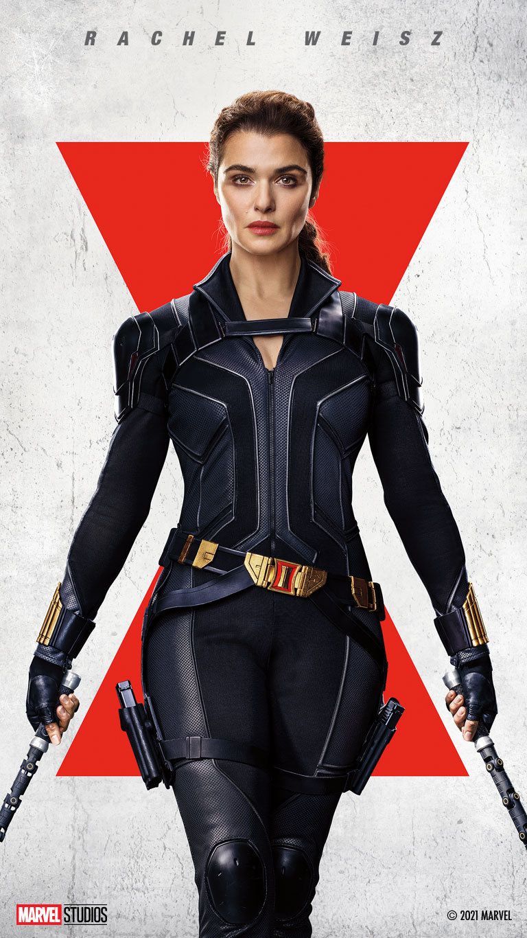 Black Widow movie poster with Rachel Weisz as Melina Vostok standing in front of a red X. - Marvel