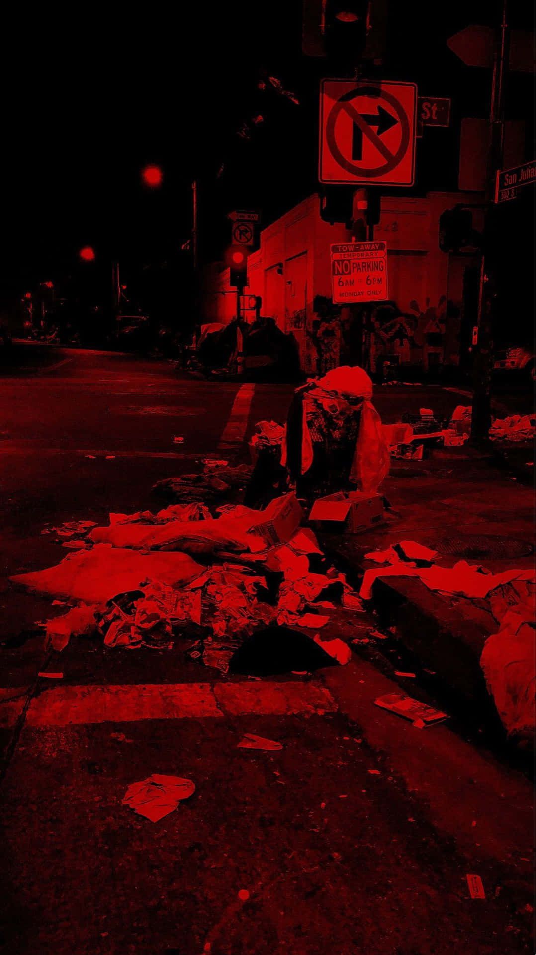 Red filter on a photo of a street corner with trash - Gym