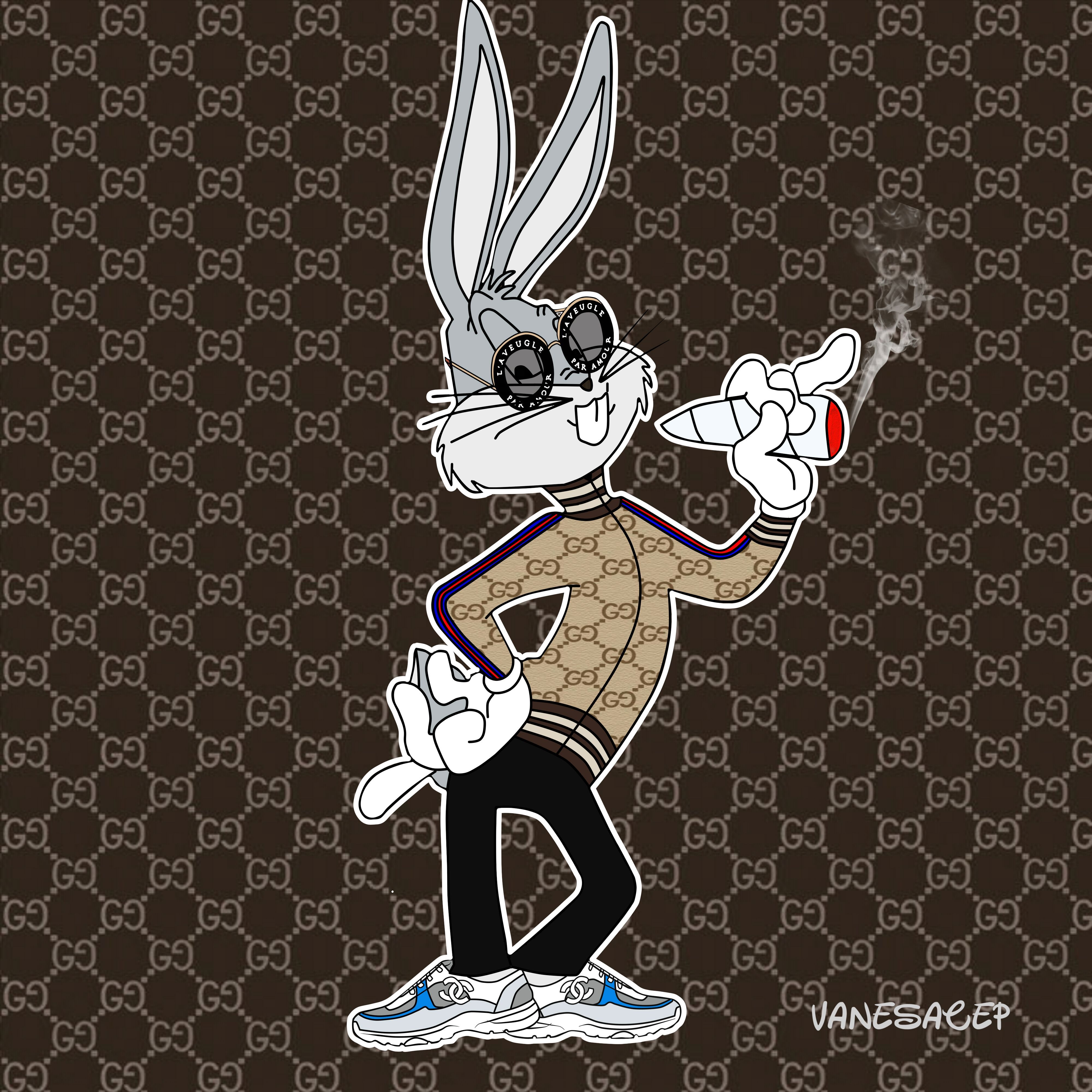 Bugs bunny smoking a blunt in a Gucci sweater and Vans shoes - Bugs Bunny