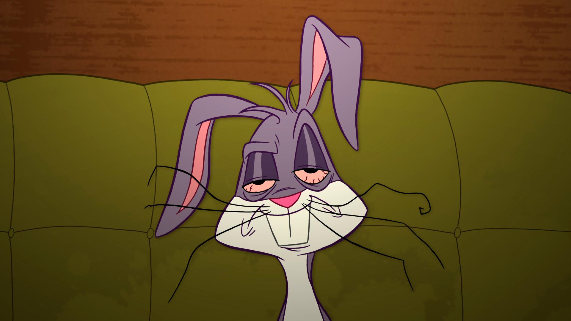 Bugs Bunny sits on a couch with his eyes closed and a smile on his face - Bugs Bunny