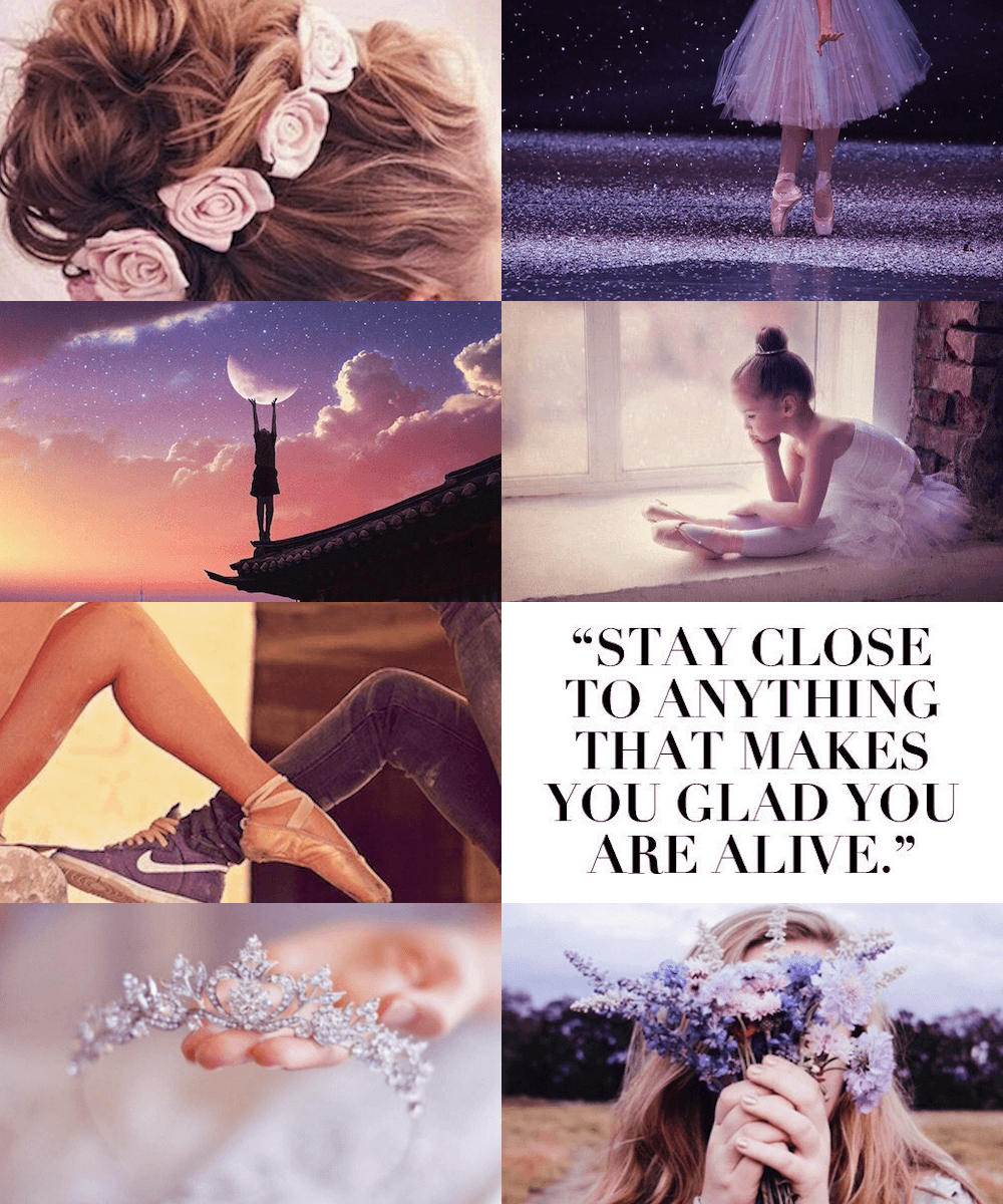 A collage of pictures with the words stay close to anything that makes you glad - Dance