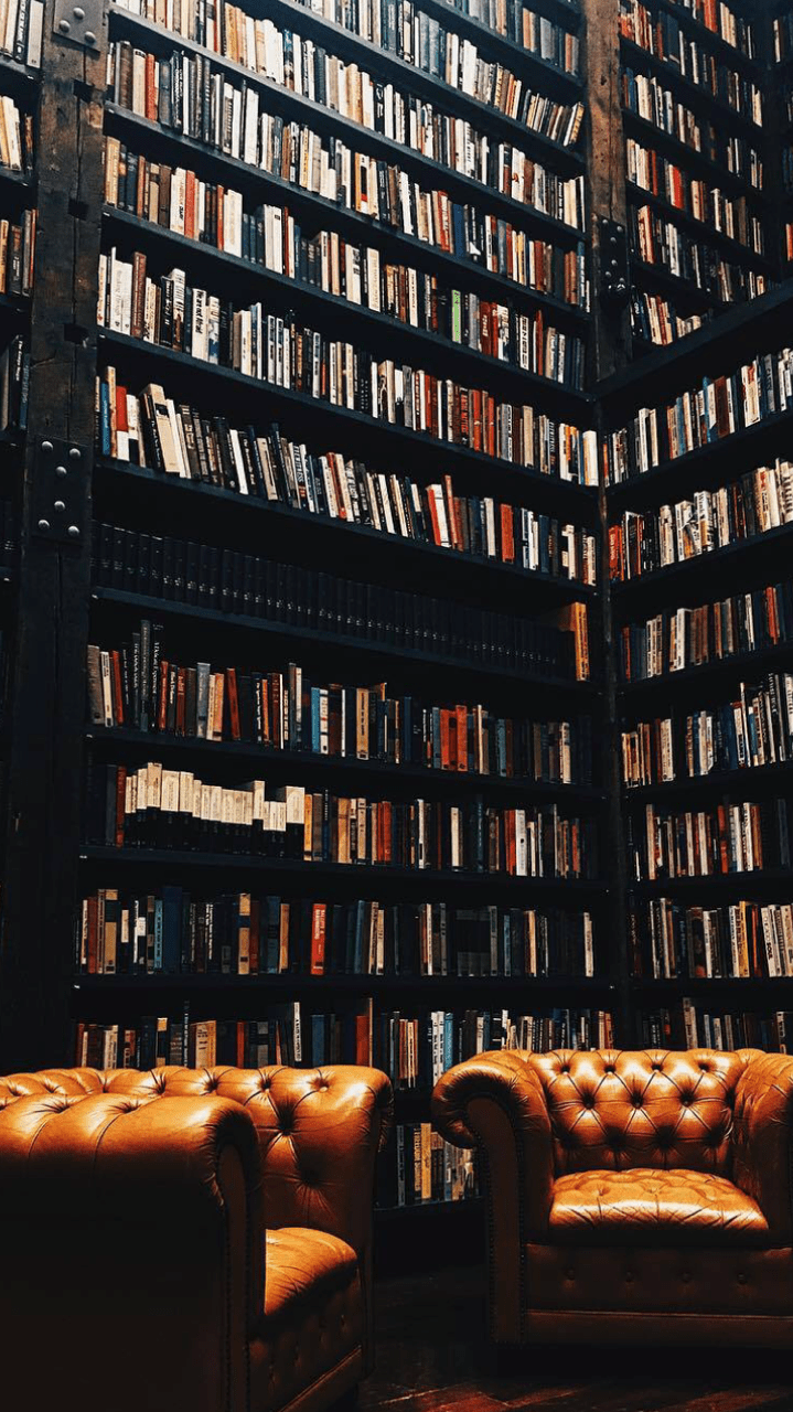 A large bookshelf with books and leather couches. - Library