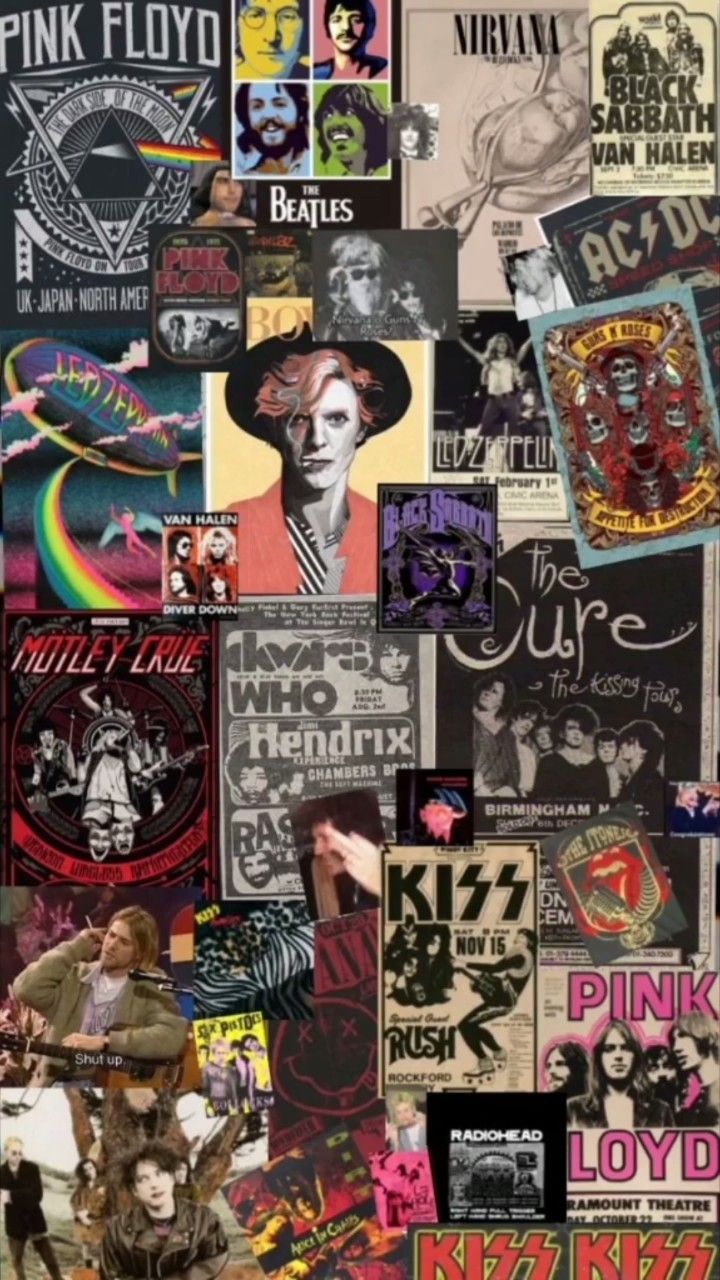 A collage of band posters including Nirvana, The Beatles, and Pink Floyd. - Rock