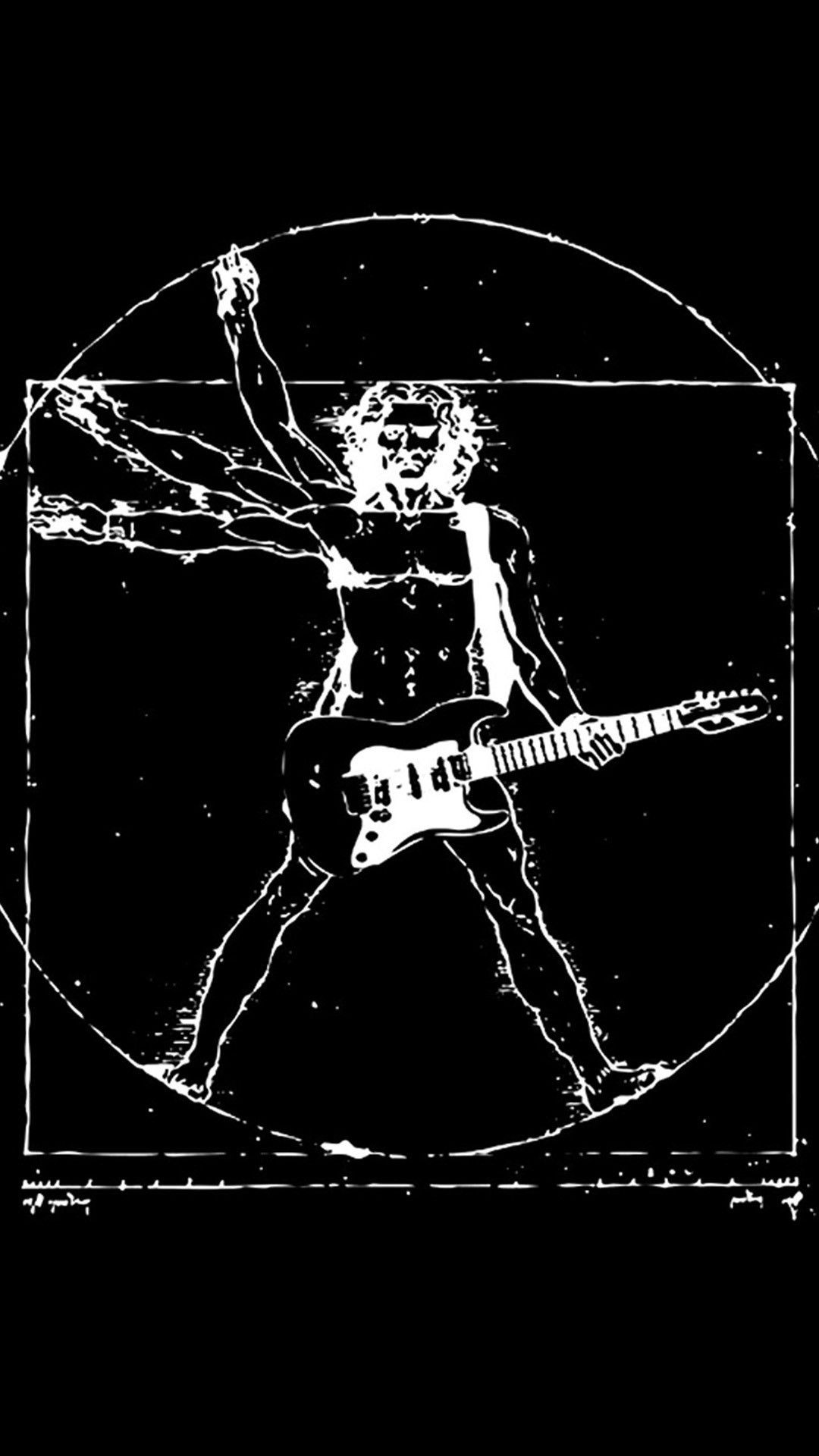 A black and white drawing of an electric guitar player - Rock