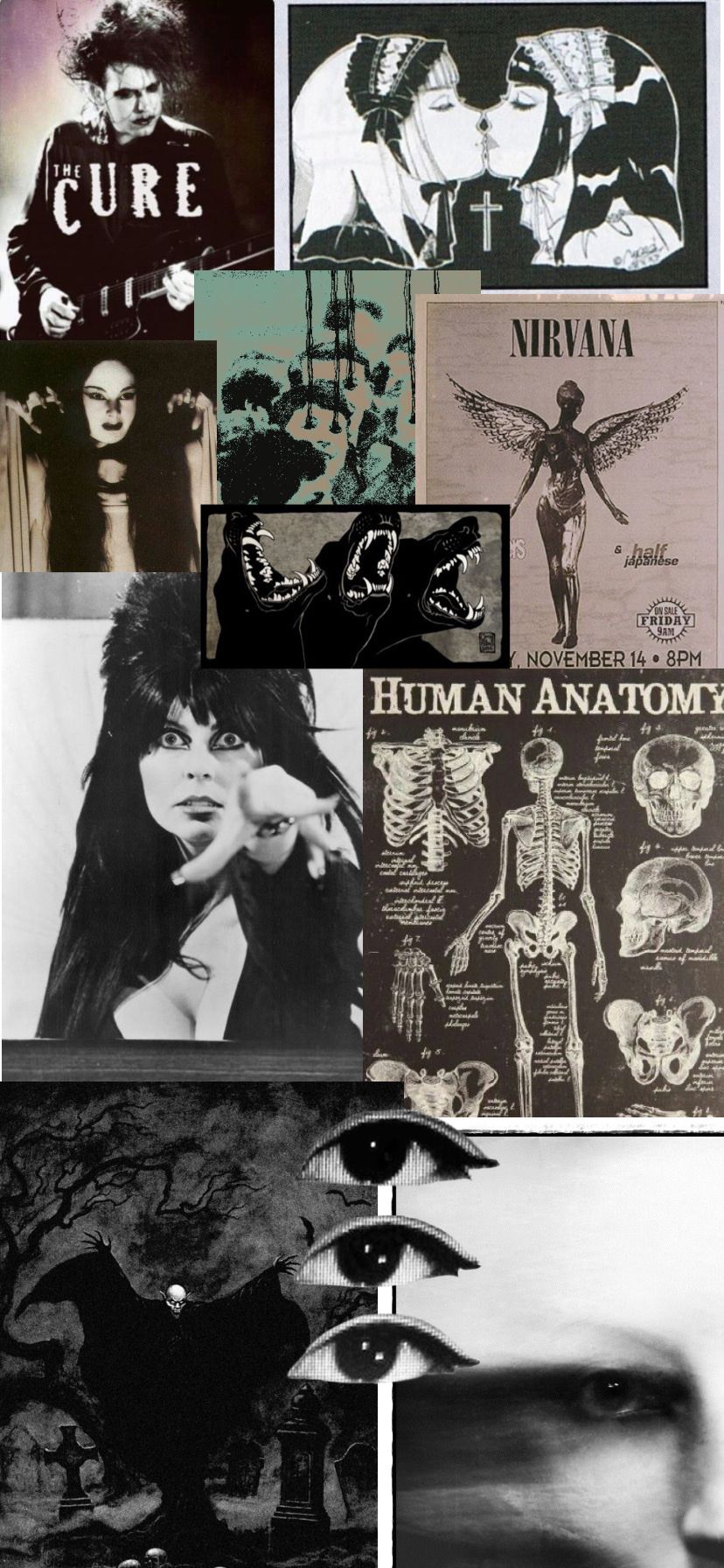 A collage of black and white images including Nirvana, The Cure, and human anatomy. - Punk, anatomy