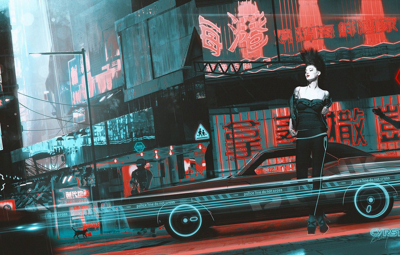 Wallpaper machine, cat, girl, fiction, street, art, cyberpunk, punk image for desktop, section фантастика