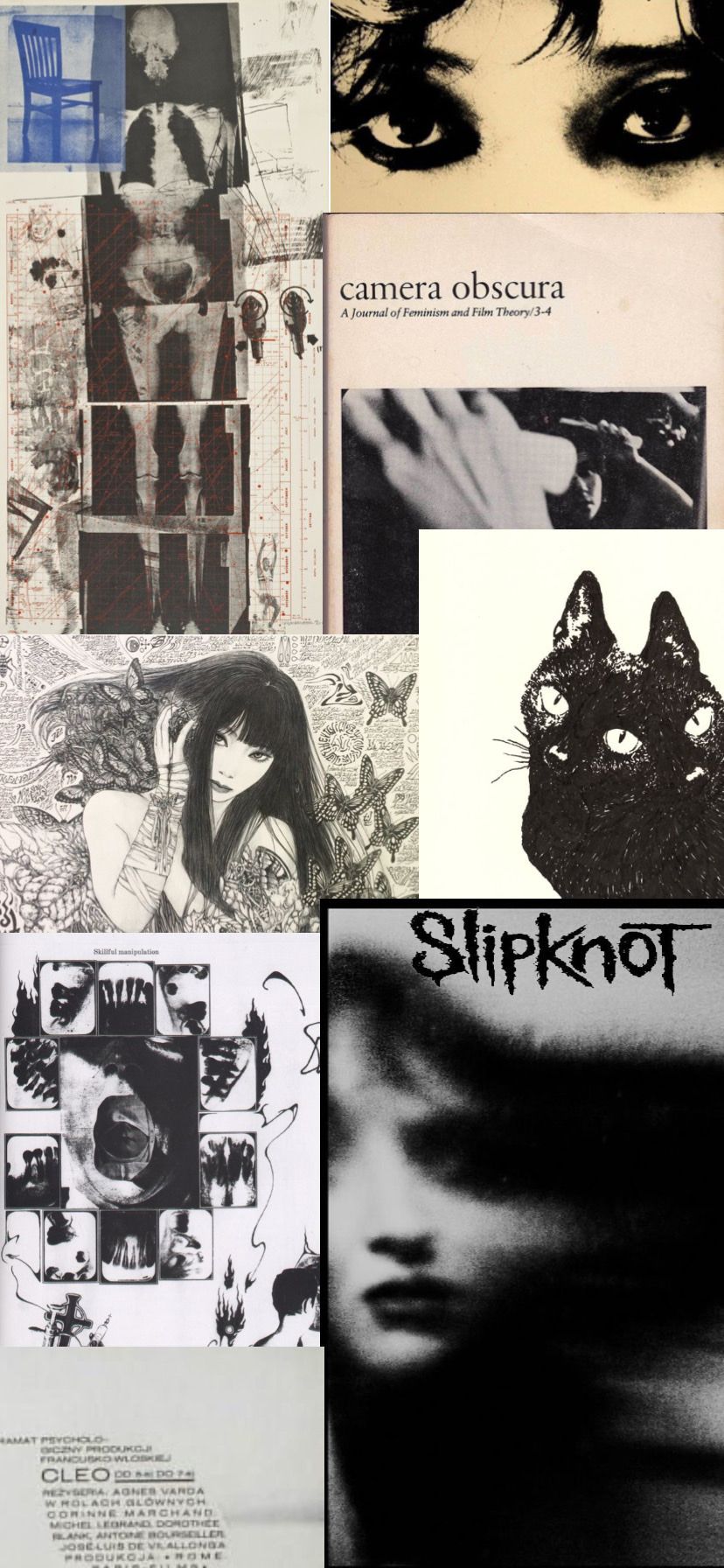 A collage of images including Slipknot album covers, a black and white image of a woman's eyes, and a black and white image of a cat. - Punk