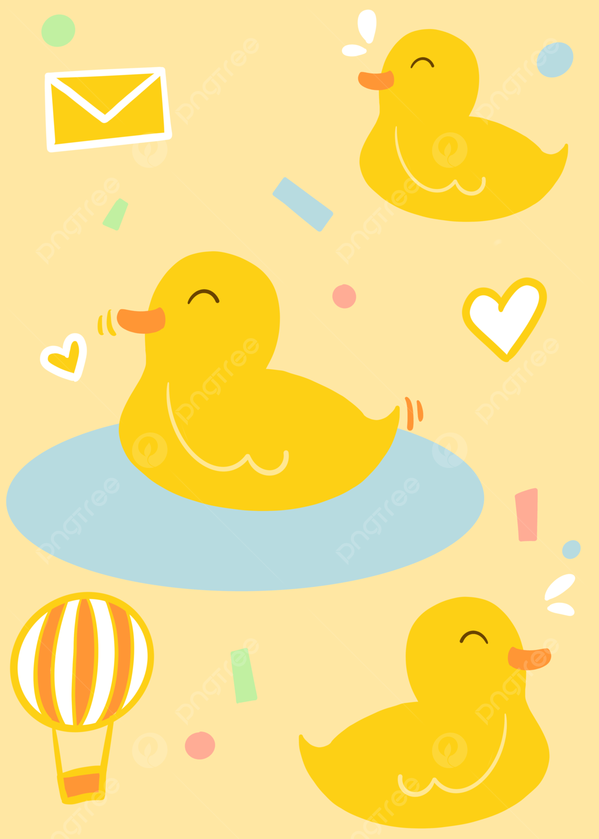 Yellow rubber duck swimming in a pond with a hot air balloon and hearts floating around it - Duck