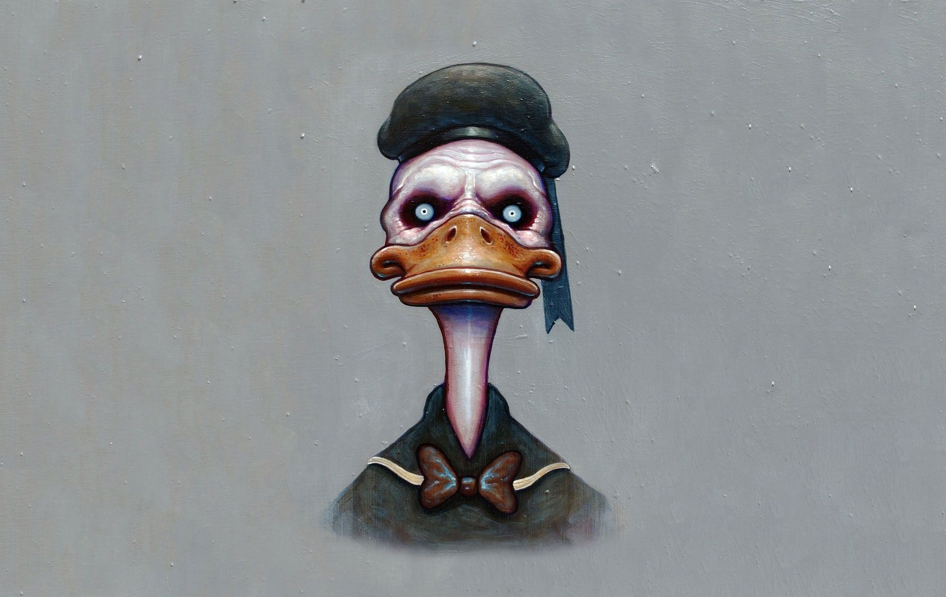 A painting of a strange looking duck wearing a hat and a bow tie. - Duck