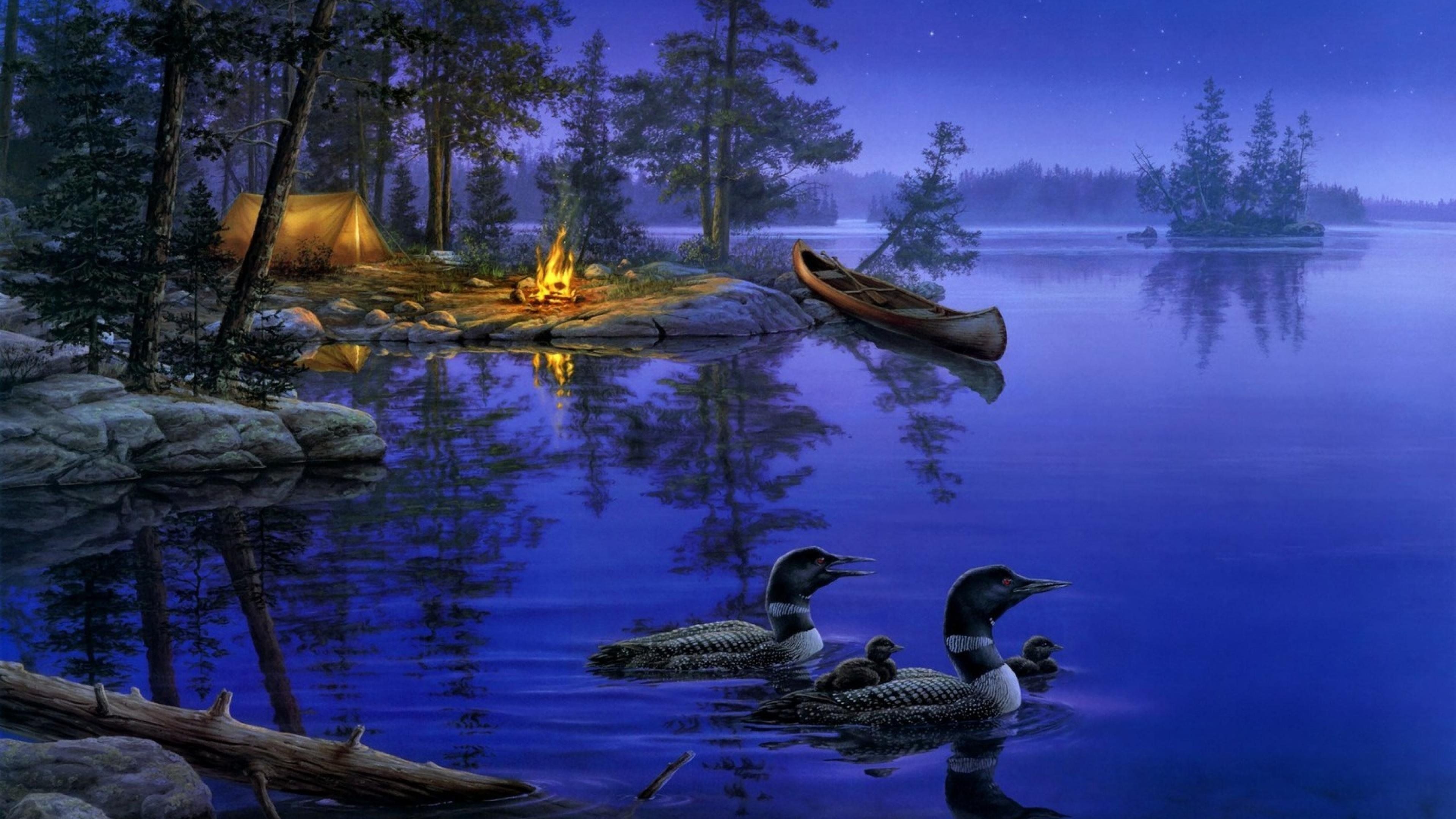 A painting of some ducks on the water - Duck