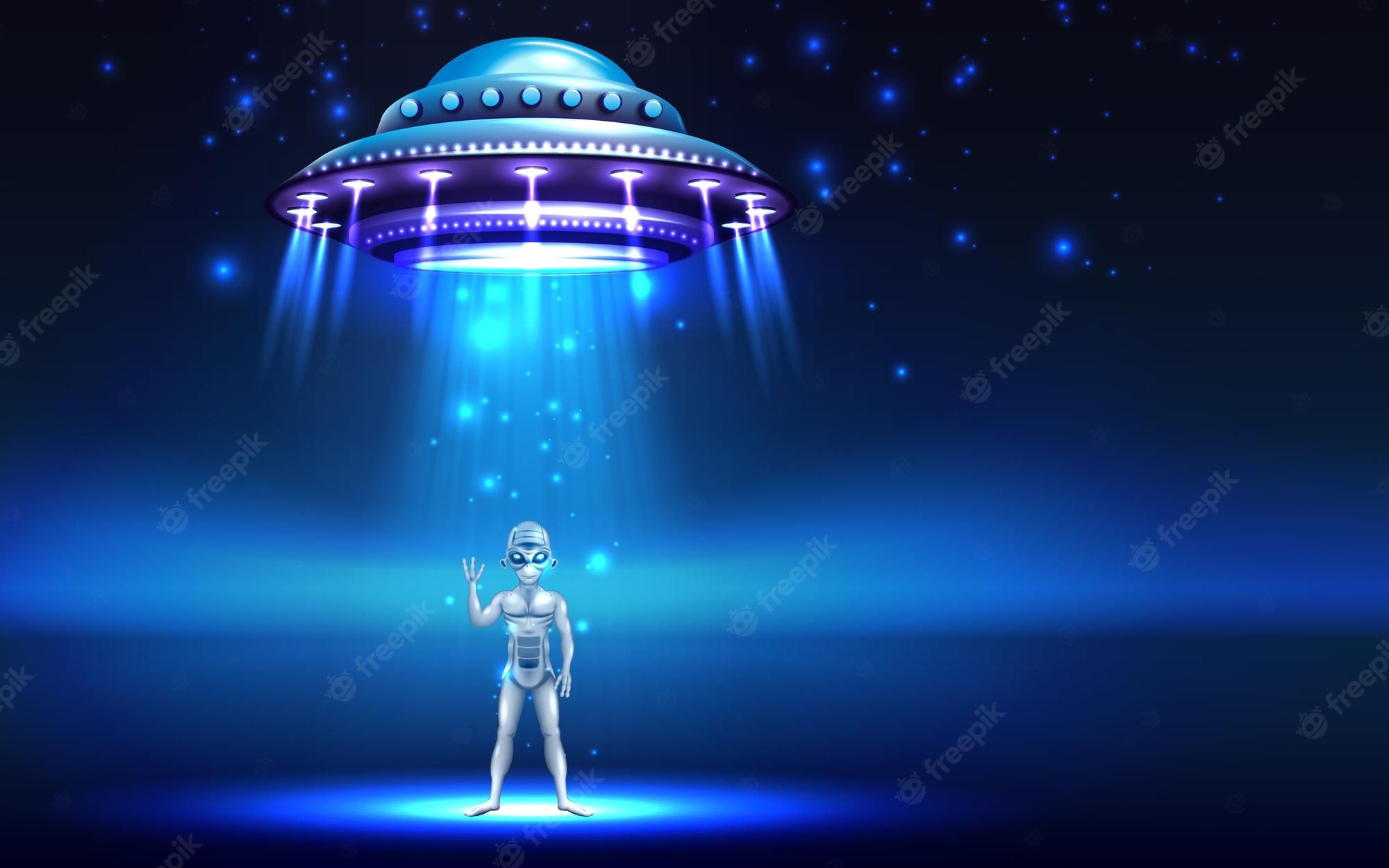 3d illustration of a grey alien and a flying saucer with a bright light. - Alien