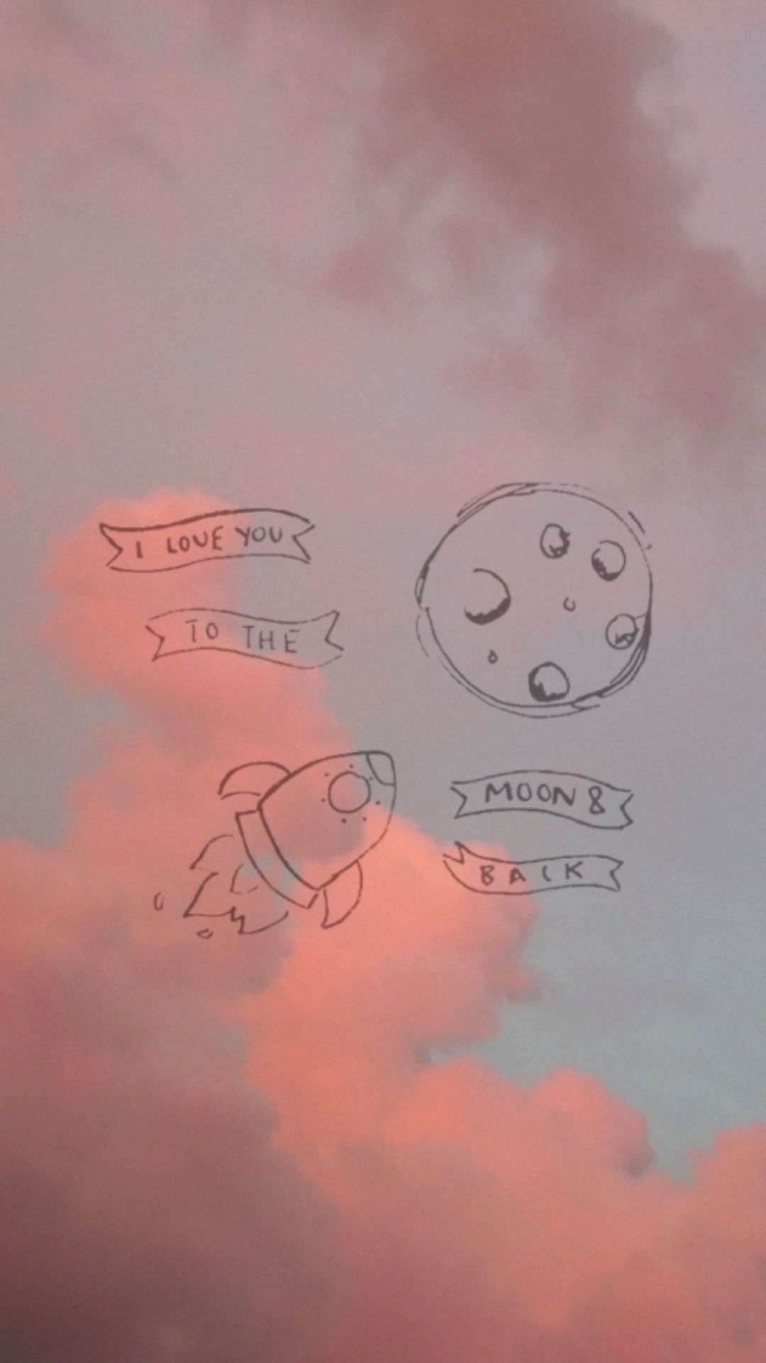 A drawing of the moon and rocket in pink clouds - Alien