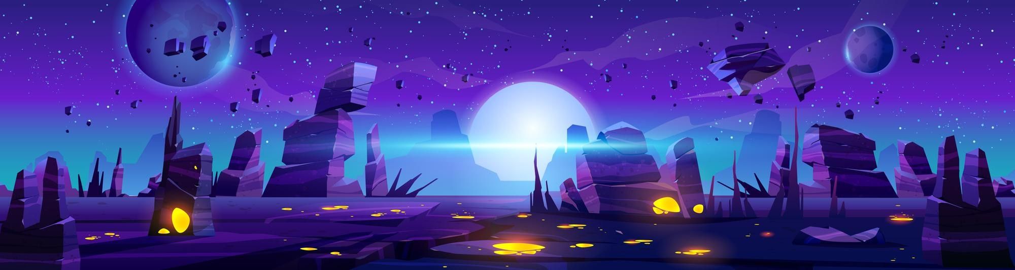 A cartoon illustration of a purple alien planet with strange rock formations and a glowing moon. - Alien